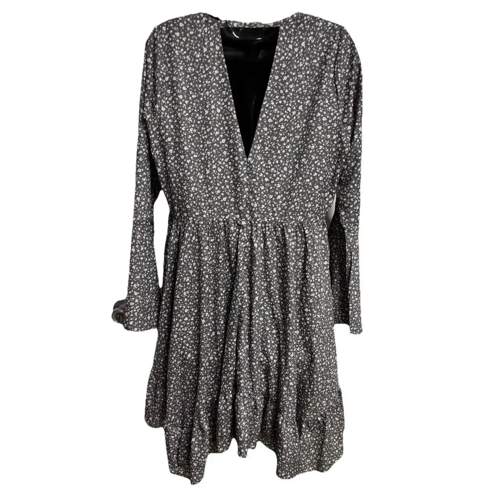 Mia Joy Womens Medium Floral Dress Gray Long Sleeve Empire Slit Sleeve Scoop New - Picture 5 of 10